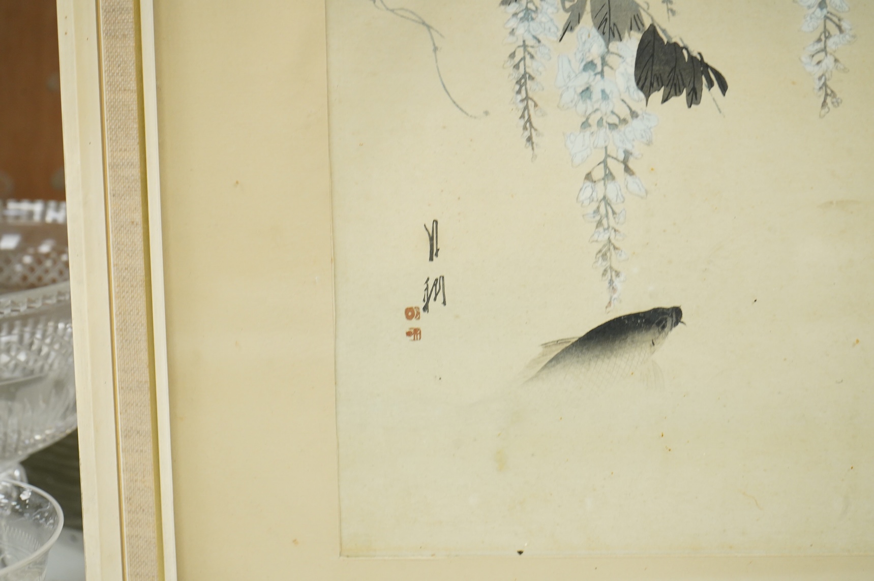 Ogata Gekko (1859-1920), Wisteria and carp, Japanese woodblock print and a Chinese woodblock of a lion dog, 23 x 23cm